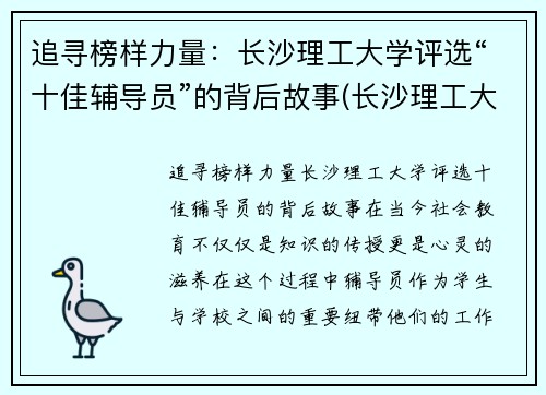 追寻榜样力量：长沙理工大学评选“十佳辅导员”的背后故事(长沙理工大学优秀党员)