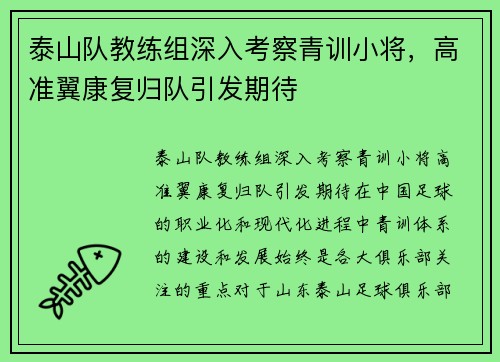 泰山队教练组深入考察青训小将，高准翼康复归队引发期待