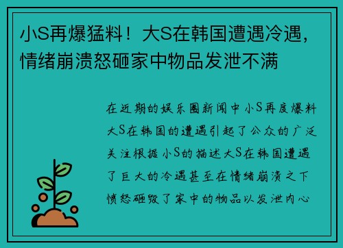 小S再爆猛料！大S在韩国遭遇冷遇，情绪崩溃怒砸家中物品发泄不满