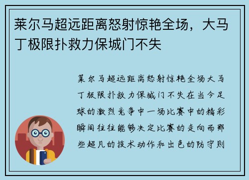 莱尔马超远距离怒射惊艳全场，大马丁极限扑救力保城门不失