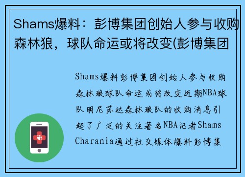 Shams爆料：彭博集团创始人参与收购森林狼，球队命运或将改变(彭博集团市值)