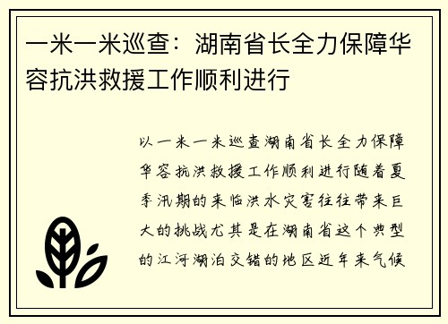 一米一米巡查：湖南省长全力保障华容抗洪救援工作顺利进行